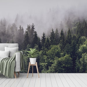 Tessuto rimovibile della foresta Carta da parati Natura Parete Murale Peel and Stick Autoadesivo Nebbia Foresta Paesaggio Murales Soggiorno Dimensioni personalizzate