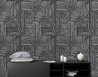 Schwarzweiße geometrische Streifen Tapete - Modernes Abstraktes zum Schälen und Aufkleben
