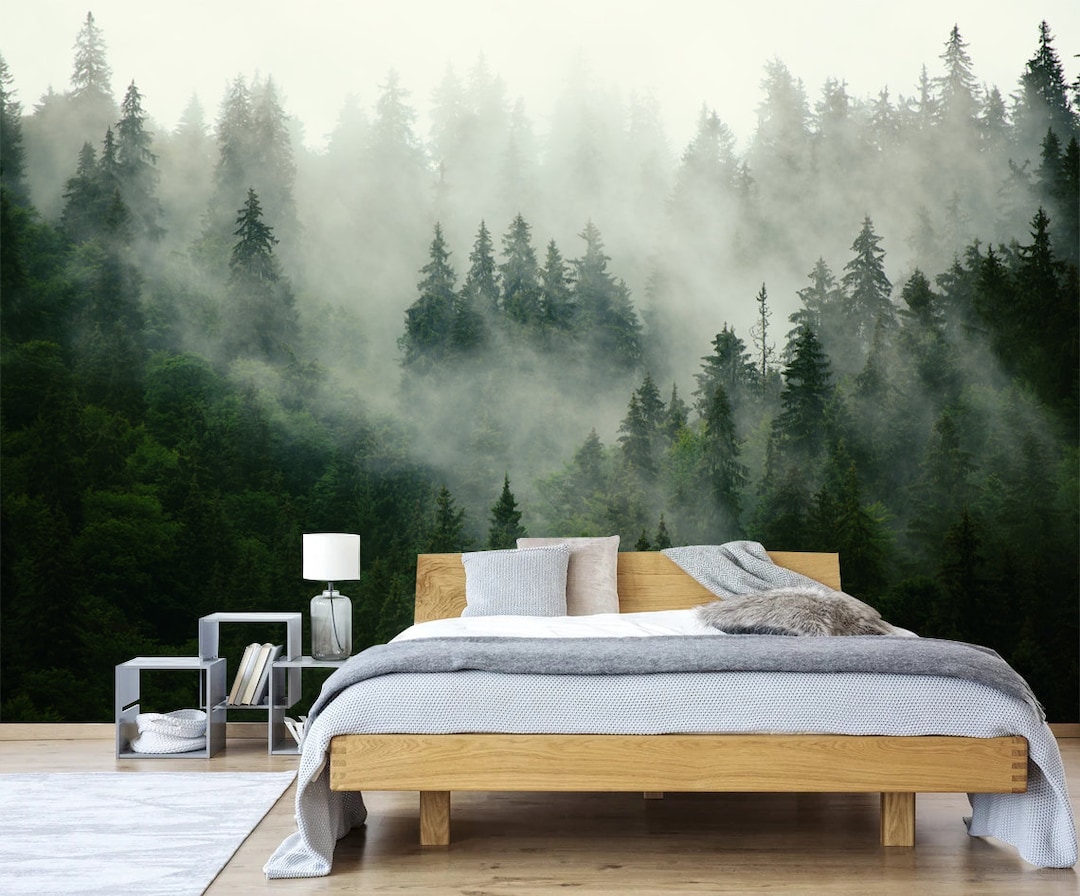 Foggy Forest Wallpaper Mural: Peel and Stick Fabric, Removable Wall Art ...