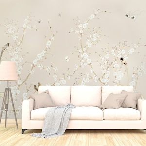 Decorative flowering tree with flying cranes Peel and Stick Wallpaper Mural Nursery Removable Wallpaper - Self Adhesive