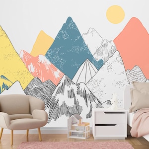 Colorful mountain with yellow sun Peel and Stick Removable Wallpaper, Self Adhesive scandinavian style mountain wall Mural Nursery wallpaper