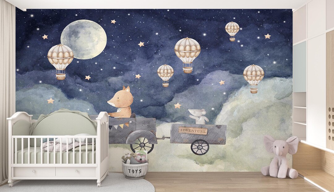 Kids Night Sky Wallpaper Mural, Moon and Stars Nursery Wall Mural ...
