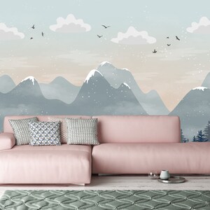 Soft Mountain with Trees Wall Mural Peel and Stick Wall Wallpaper,fog mountains Nursery Wall art removable self adhesive Kids Wallpaper