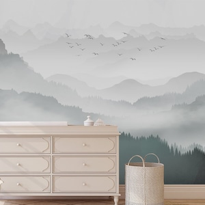 Landscape Mountain Mural Wallpaper,misty mountains in fog, Peel and Stick Wall Poster,fog mountains Nursery Wall art removable self adhesive