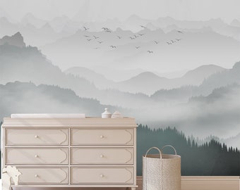 Landscape Mountain Mural Wallpaper,misty mountains in fog, Peel and Stick Wall Poster,fog mountains Nursery Wall art removable self adhesive