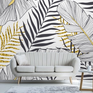 Tropical and palm leaves Removable Wallpaper-Peel and Stick Wallpaper-Natural leaves Wall Mural- Self Adhesive for Living Room