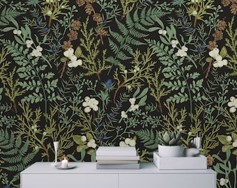Papier peint autocollant botanique vintage : plantes vertes sur fond noir