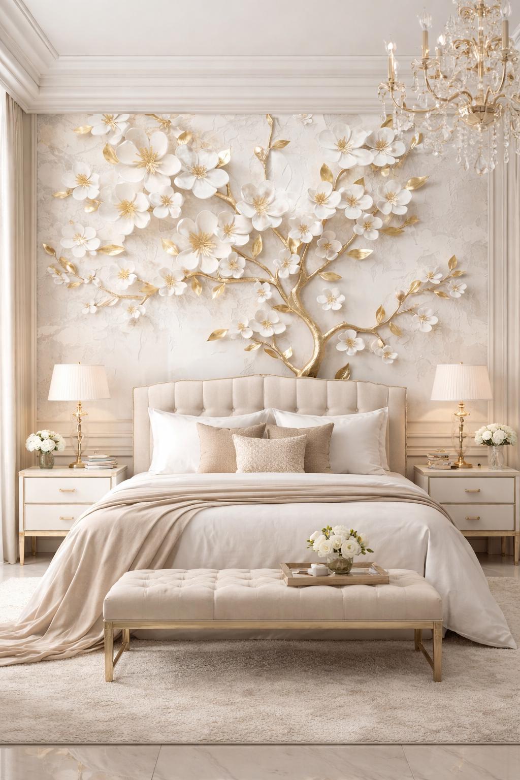 Luxury 3D Floral Wall Mural, White and Gold Flower Wallpaper, Elegant ...