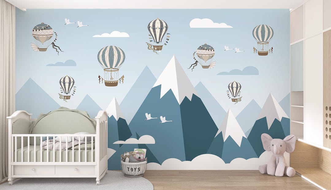 Mountain Wallpaper Kids, Peel and Stick Wall Mural, Hot Air Balloon ...