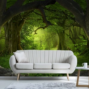 Enchanted Magical Forest - Large Deep tropical jungles Wall Mural, Self-adhesive Fabric Wallpaper, Peel andStick living room Wallpaper