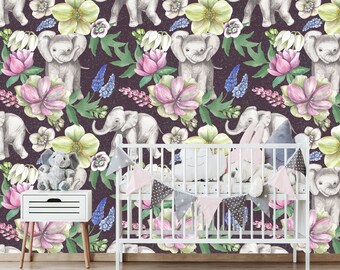 Watercolor Elephant Nursery Wallpaper: Peel and Stick Floral Wall Decal