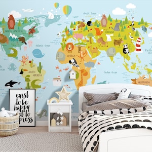 Kinderkarte mit Tierkarte entfernbare Tapete, Weltkarte Wandbild, Kinderzimmer Wandkunst Tapete selbstklebende Schale und Stock-Abdeckung Kinderzimmer