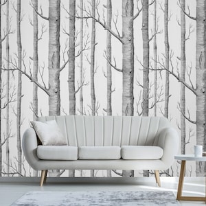 Birch Tree Removable Wallpaper,Birch Wallpaper,Woodland Forest wall mural,Peel and Stick Self Adhesive Wallpaper bedroom decor