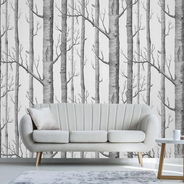 Birch Tree Removable Wallpaper,Birch Wallpaper,Woodland Forest wall mural,Peel and Stick Self Adhesive Wallpaper bedroom decor