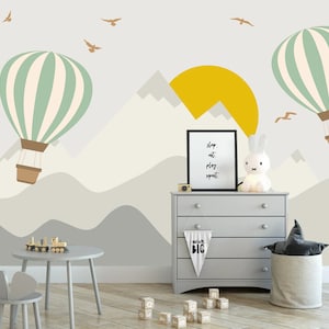 Cute kids mountain nursery with hot air balloon Peel and Stick Wall Mural - Self Adhesive Nursery Wall Art Kids Removable Wallpaper