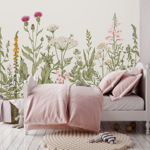 Papier peint floral coloré, papier peint à fleurs amovible, décoration murale, herbes et fleurs sauvages, décoration murale de chambre à coucher