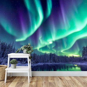 Aurora borealis landschaft in nordischem arktischem Wald Wandbild abnehmbare Tapete, Schälen und Stick-Wandposter, Wandtattoo selbstklebend