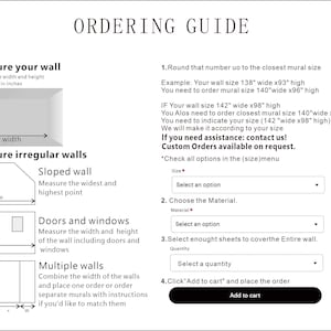 May include: An ordering guide with instructions on measuring walls for murals. Diagrams show how to measure walls, including sloped walls, walls with doors and windows, and multiple walls. The guide also provides examples and contact information.