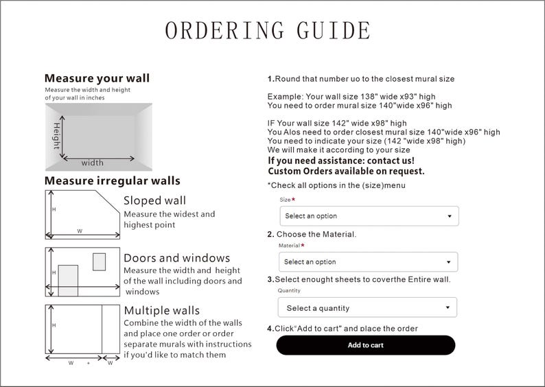May include: An ordering guide with instructions on measuring walls for murals. Diagrams show how to measure walls, including sloped walls, walls with doors and windows, and multiple walls. The guide also provides examples and contact information.
