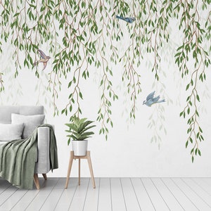Vögel und Weidenzweige Wallpaper Schälen & Stick abnehmbare Stofftapete Kinderzimmer Tapete, Aquarell Tapete, großes Wandbild