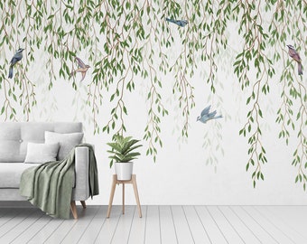 Birds and willow branches Wallpaper Peel & Stick removable fabric wallpaper Nursery Wallpaper, Watercolor Wallpaper,Large Wall Mural