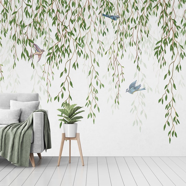 Birds and willow branches Wallpaper Peel & Stick removable fabric wallpaper Nursery Wallpaper, Watercolor Wallpaper,Large Wall Mural