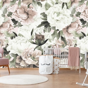 Watercolor Floral wallpaper Vintage Roses and Peonies Peel and Stick Self Adhesive Removable Fabric Wallpaper Bedroom Wallpaper Custom Sizes