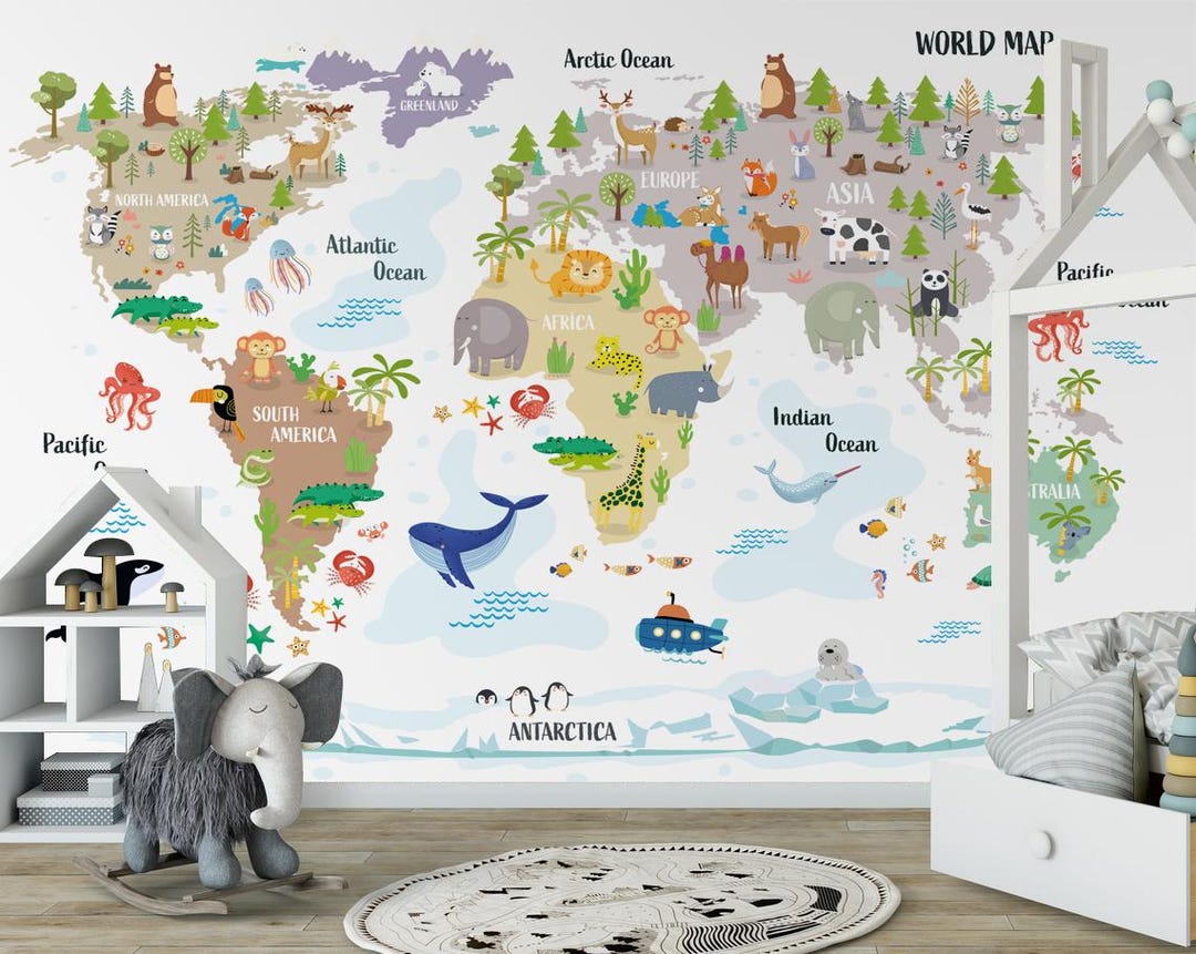 Kids World Map Wallpaper Mural: Peel and Stick Animal Map, Nursery ...