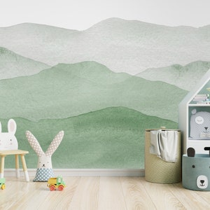 Watercolor Mountain in fog Wall Mural Self Adhesive Peel and Stick Removable wallpaper hand drawn Boho Style Mountain wall decal