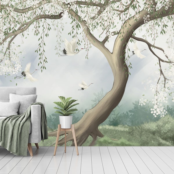 Willow Tree Peel and Stick Wallpaper Mural Chinoiserie Watercolor Blossom Décor Nursery Removable Wallpaper - Self Adhesive Custom Sizes