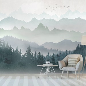 fog Landscape Mountain Mural Wallpaper,misty mountains in fog, Peel and Stick Wall Poster,mountains Nursery Wall art removable self adhesive