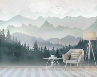 fog Landscape Mountain Mural Wallpaper,misty mountains in fog, Peel and Stick Wall Poster,mountains Nursery Wall art removable self adhesive