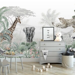 Animals forest with tropical plants Peel and Stick Wall Mural - Self Adhesive Nursery Wall Art Kids Removable Wallpaper