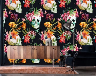 Dark Gothic Floral Wallpaper - Skulls & Exotic Flowers - Peel and Stick