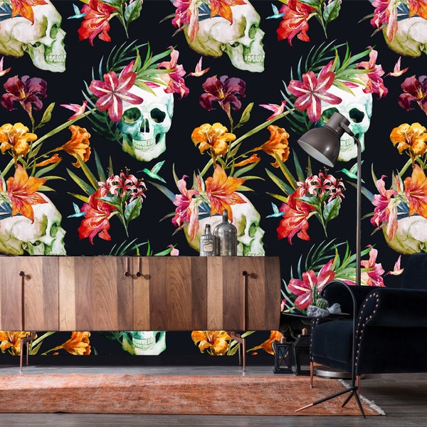 Dark floral removable fabric wallpaper peel and stick self-adhesive Repositable-Gothic Skulls Art exotic watercolor flowers Wall covering