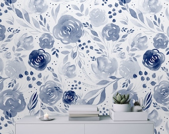 Papel tapiz de acuarela floral azul: Mural de tela autoadhesivo