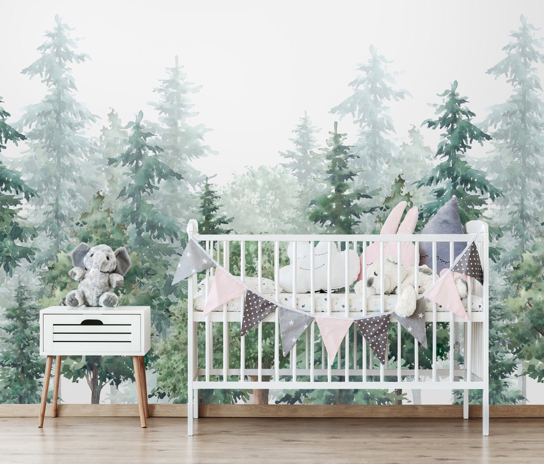 Watercolor Forest Wallpaper Mural: Peel and Stick Pine Tree Wall Art - Etsy
