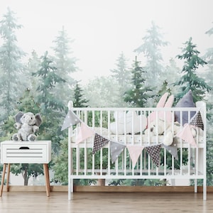 Watercolor Forest removable fabric Wallpaper Nature Wall Mural Peel and Stick Self Adhesive Pine Tree Woodland Murals Kids Nursery wallpaper