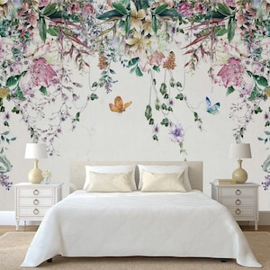 watercolor colorful Floral and Leaves removable wallpaper Flowers Wall mural ,self adhesive Peel and Stick Nursery Wall Art Décor