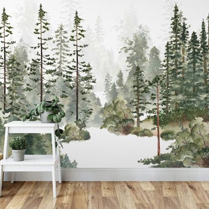 Watercolors Woodland Pine Tree Forest wall Mural Woodland Scenic Peel and Stick Removable Wallpaper Self Adhesive Kids Nursery home decor