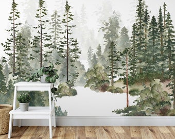 Watercolors Woodland Pine Tree Forest wall Mural Woodland Scenic Peel and Stick Removable Wallpaper Self Adhesive Kids Nursery home decor