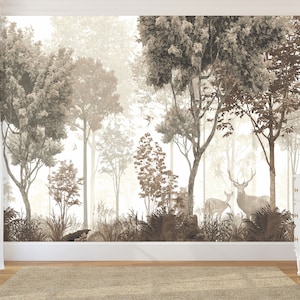 Woodland Forest Tree and Deer Wall Mural Peel and Stick  - Self Adhesive Vintage wallpaper  Child Room Wallpaper, Tree Forest Nursery Decor