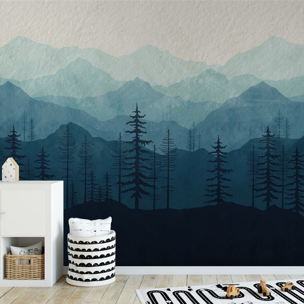 blu tones mountains wallpaper - peel and stick - self adhesive forest jungle watercolor texture wallpaper , wall Mural