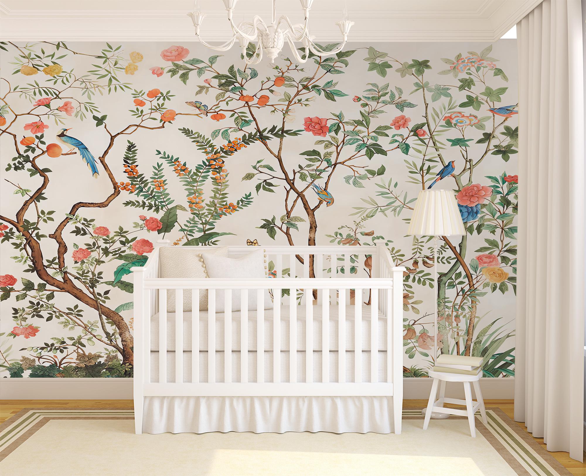 Chinoiserie Wallpaper: Pink Flowers, Birds, Vintage Botanic Wall Mural ...