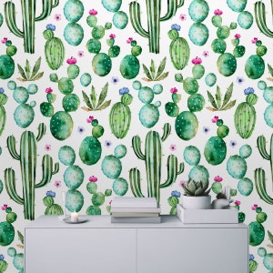 carta da parati dipinta a mano con piante di cactus ad acquerello e fiori viola Carta da parati temporanea autoadesiva Peel and Stick vivaio per camera da letto