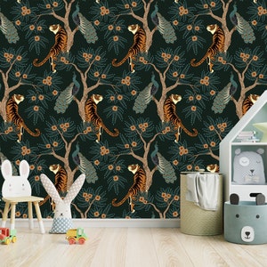 Tiger und Pfau im Wald entfernbare Tapete, selbstklebende Schälen und Stock-Kinderzimmerdekor, Kinderzimmer-Tapeten, Wandbilder