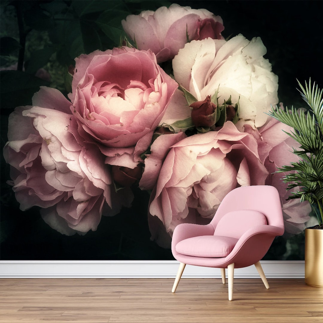 Dark Floral Peony Wallpaper Mural: Peel & Stick Fabric, Removable - Etsy