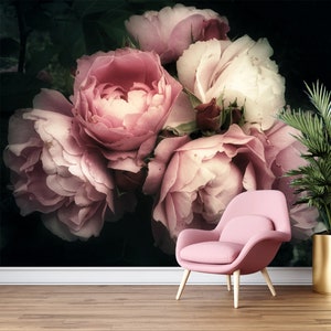 Carta da parati floreale con sfondo scuro Carta da parati con fiori di peonia, murale, carta da parati in tessuto rimovibile, stacca e attacca, carta da parati temporanea autoadesiva