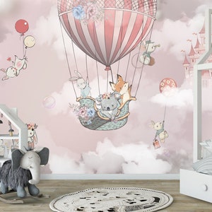 Papel tapiz de globos para niños, animales de acuarela, papel tapiz de tela removible, papel tapiz autoadhesivo de pelar y pegar de dibujos animados