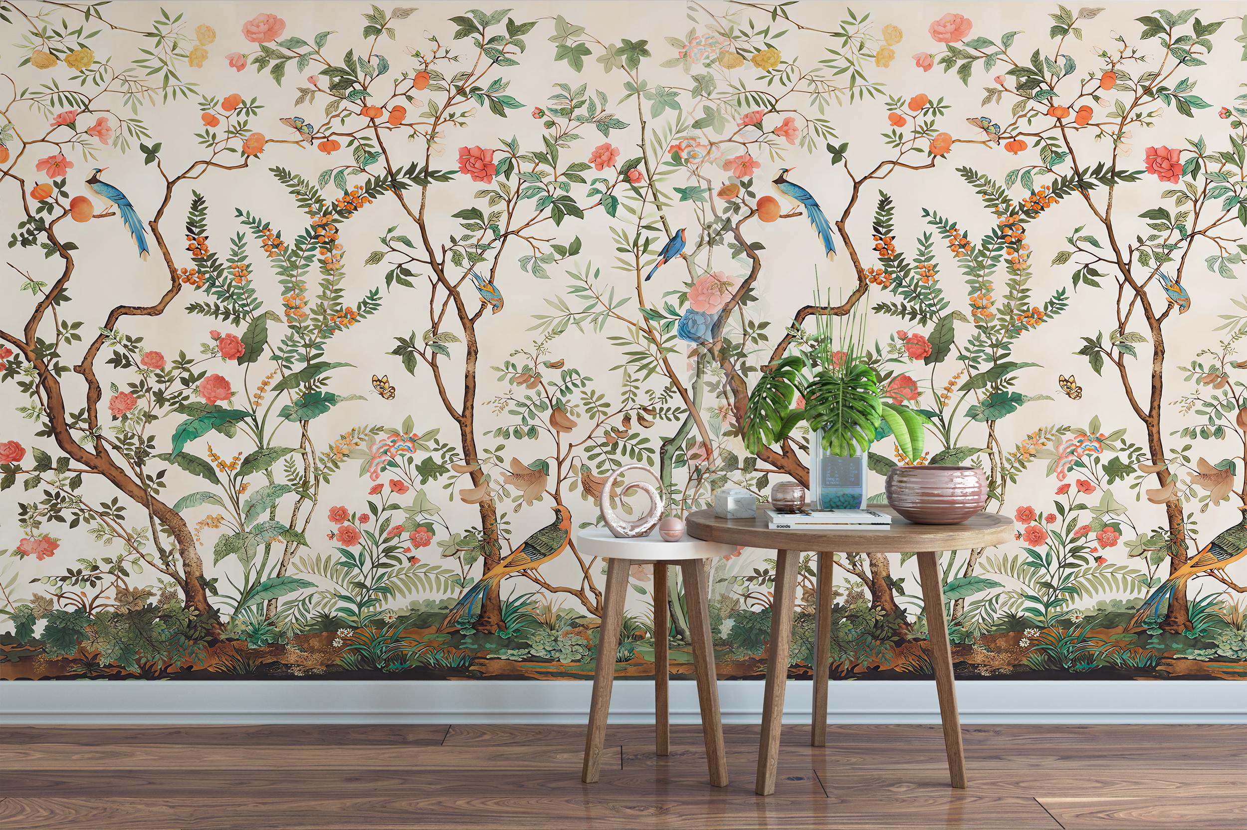 Chinoiserie Wallpaper: Pink Flowers, Birds, Vintage Botanic Wall Mural ...
